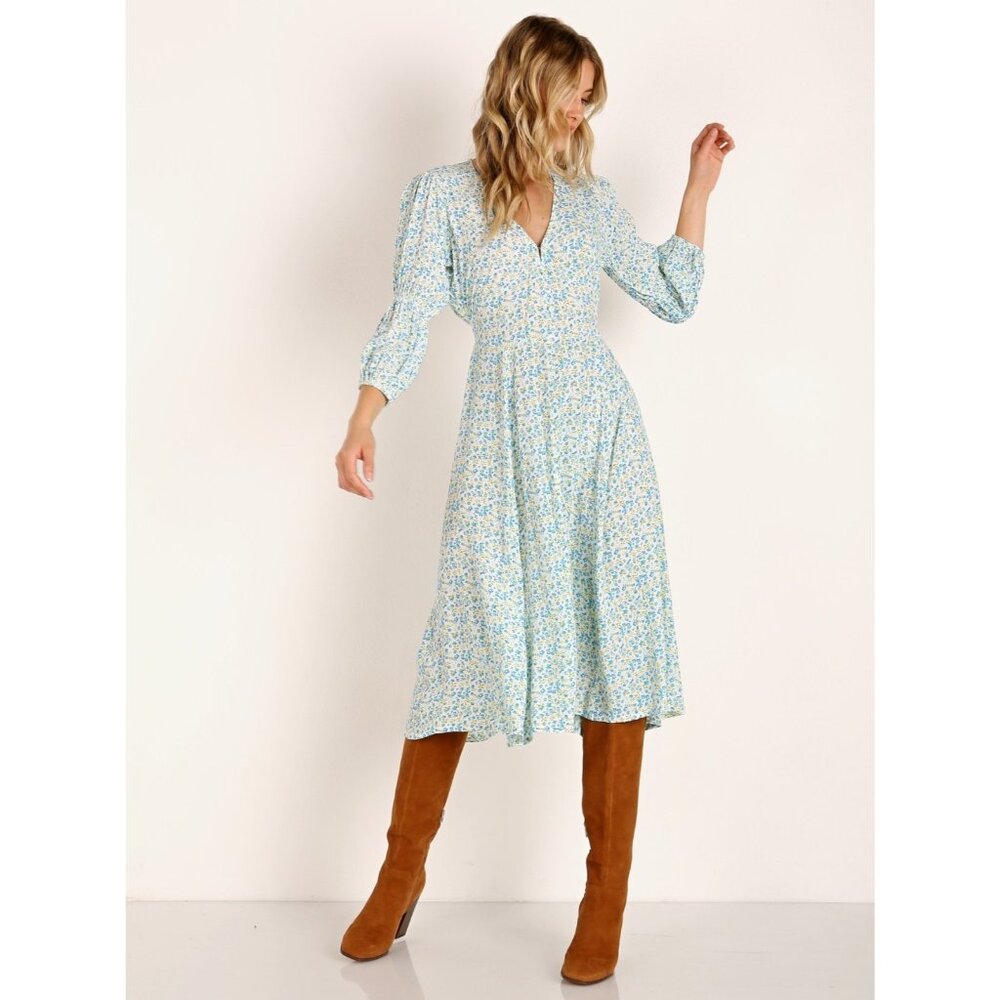 Faithfull the Brand Maud Midi Dress Tilde Floral Blue Green Rayon Crepe Size 2